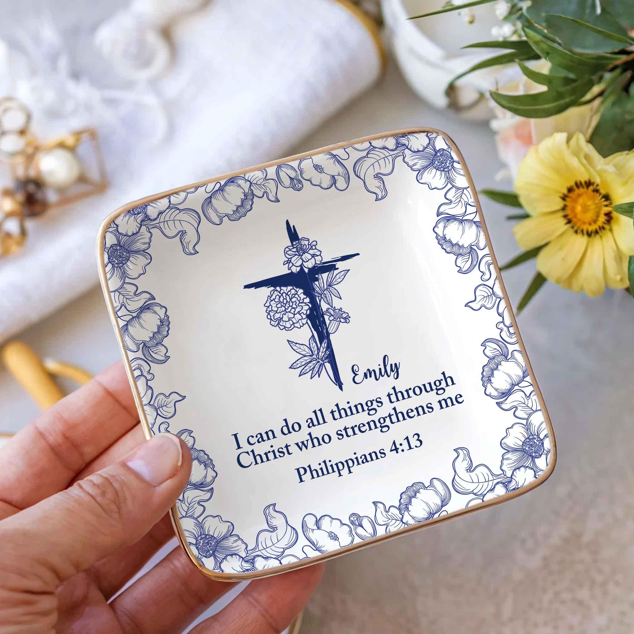I Can Do All Things Birth Flower Jewelry Dish, Toile De Jouy Ring Dish, Christian Gift, Bible Verse Tray, Personalized Faith Gift JDLAF05